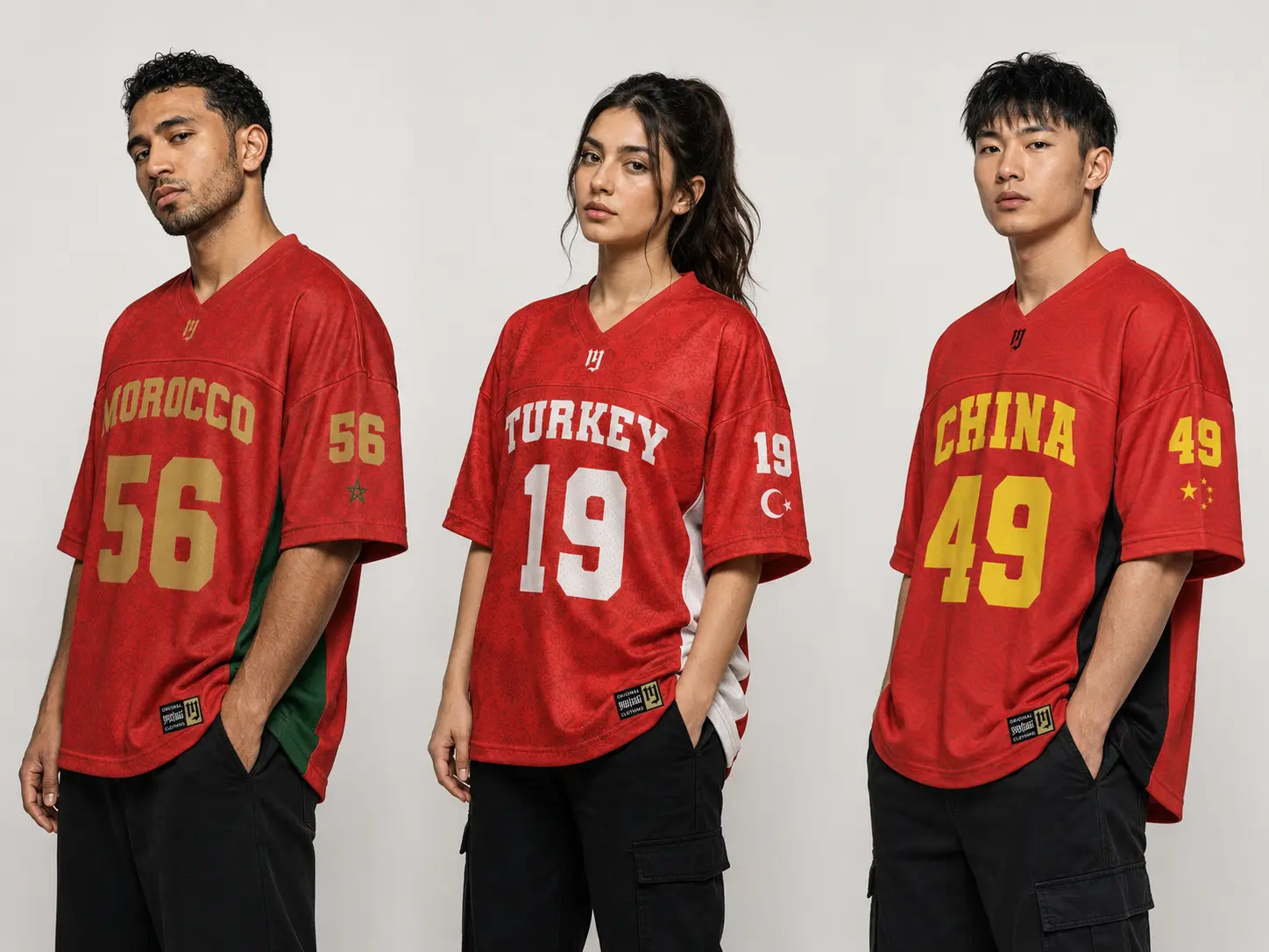 Morocco 56, Turkey 19 en China 49 jerseys in rood