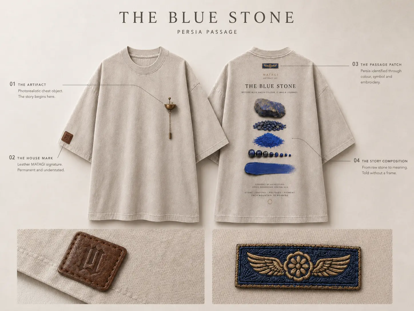 Blueprint van The Blue Stone: artifact, house mark, passage patch en story composition