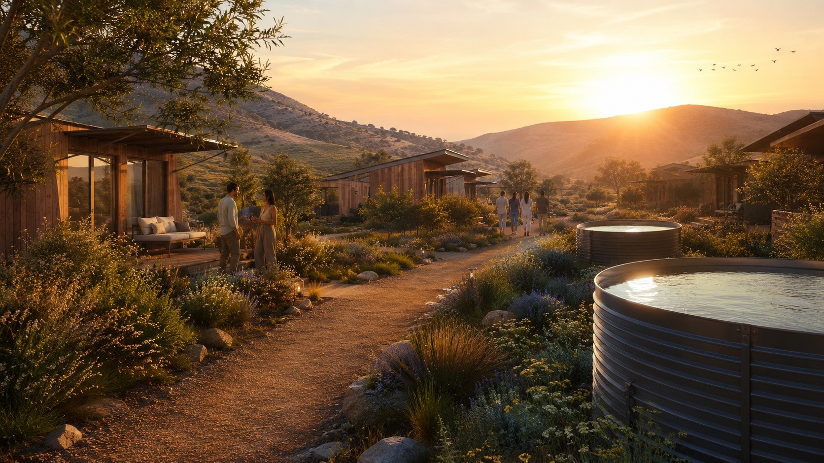 MATAGI Sanctuary — landschap met cabins bij zonsondergang