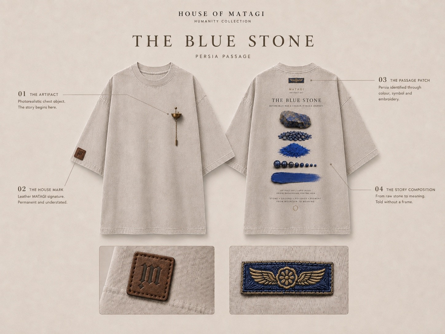 Blueprint van een Matagi design met maatvoering en detaillering