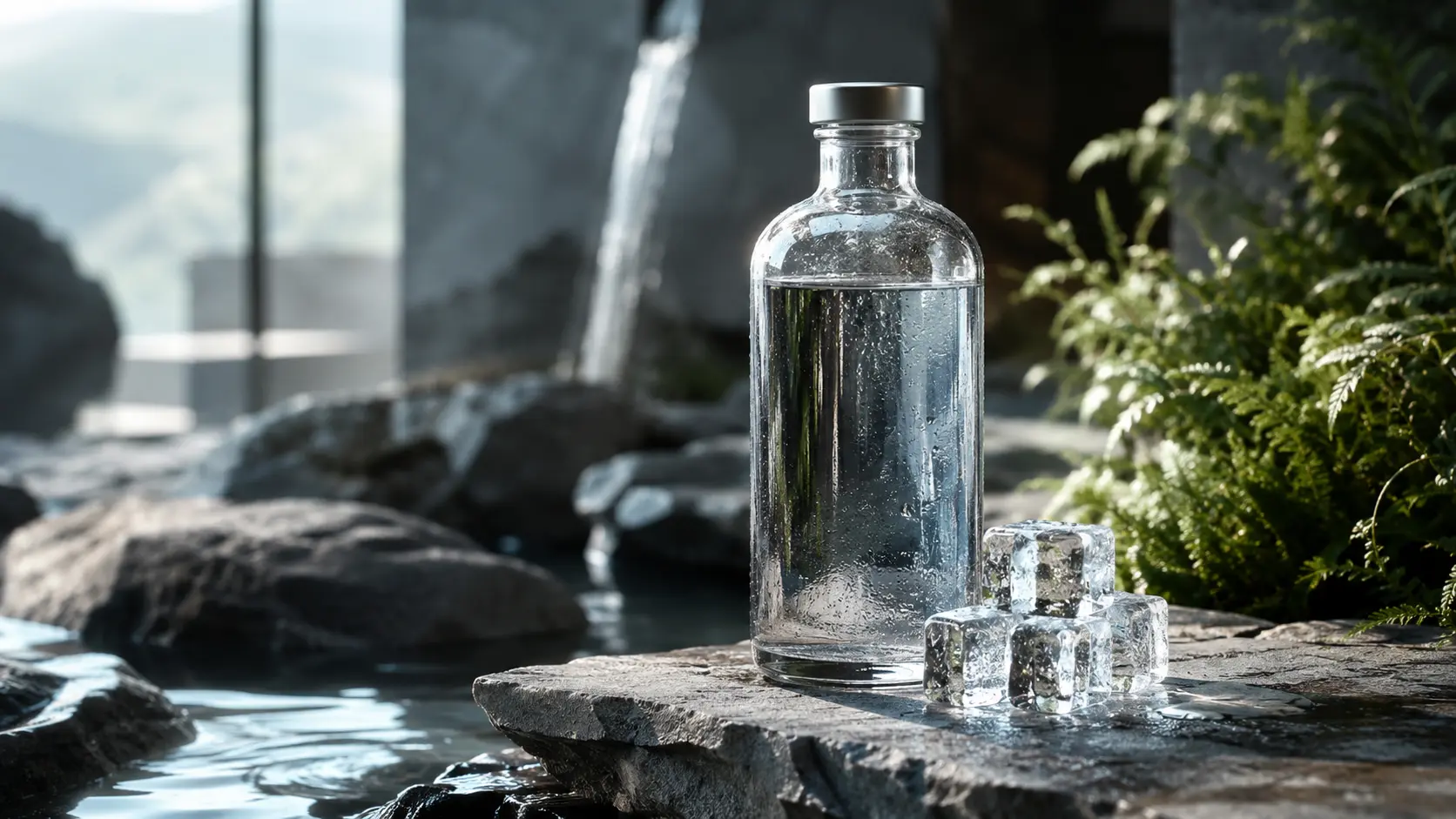 MANA Living Water fles op steen bij een bergbron